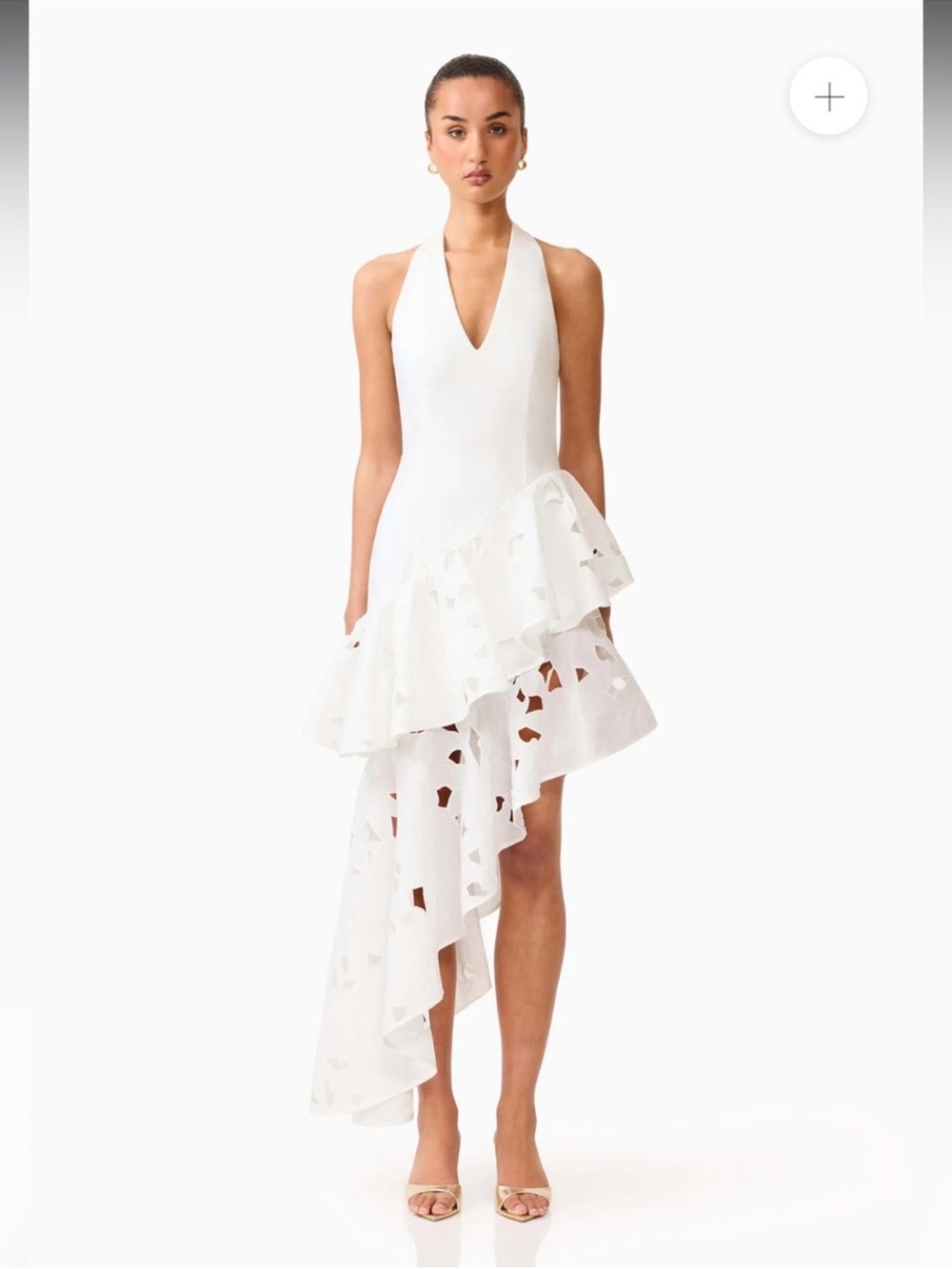 elliatt elizabeth white asymmetrical halter broderie lace maxi gown dress medium